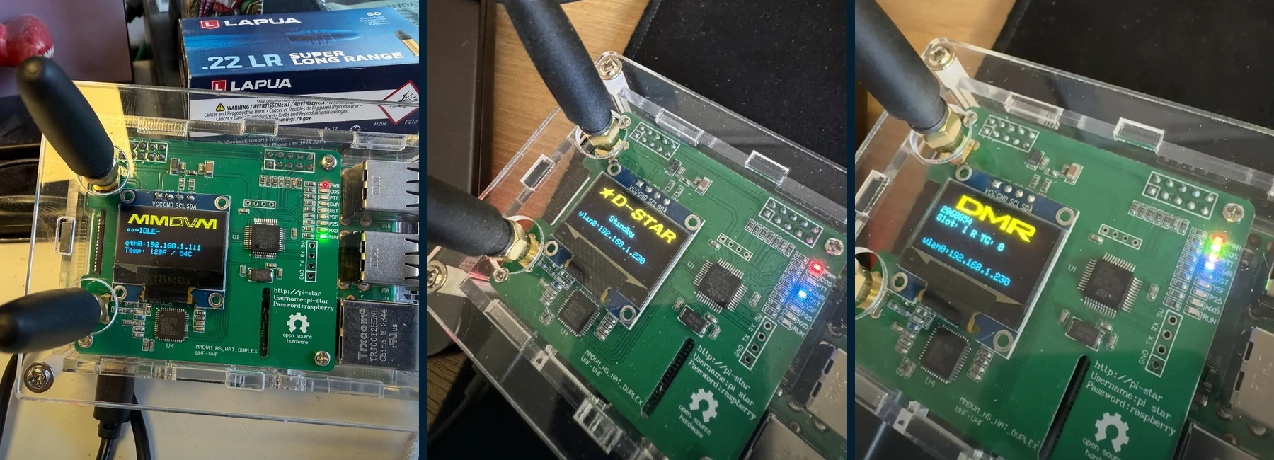 Samengestelde foto van de XLX880 MMDVM testopstelling in D-STAR en DMR